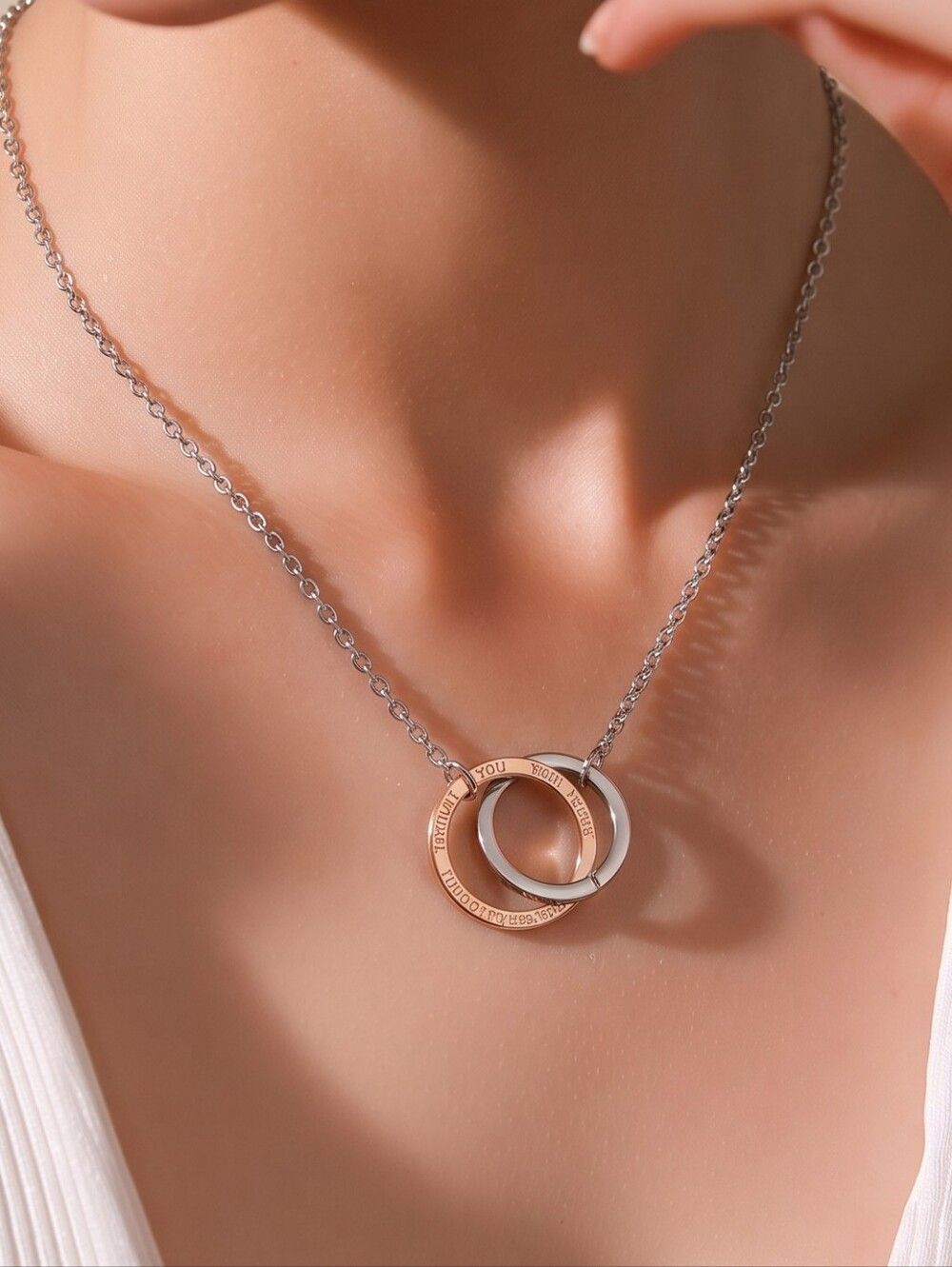 Love Pendant Necklace Stainless Steel Two-Tone Interlocking Rings Couples Gift